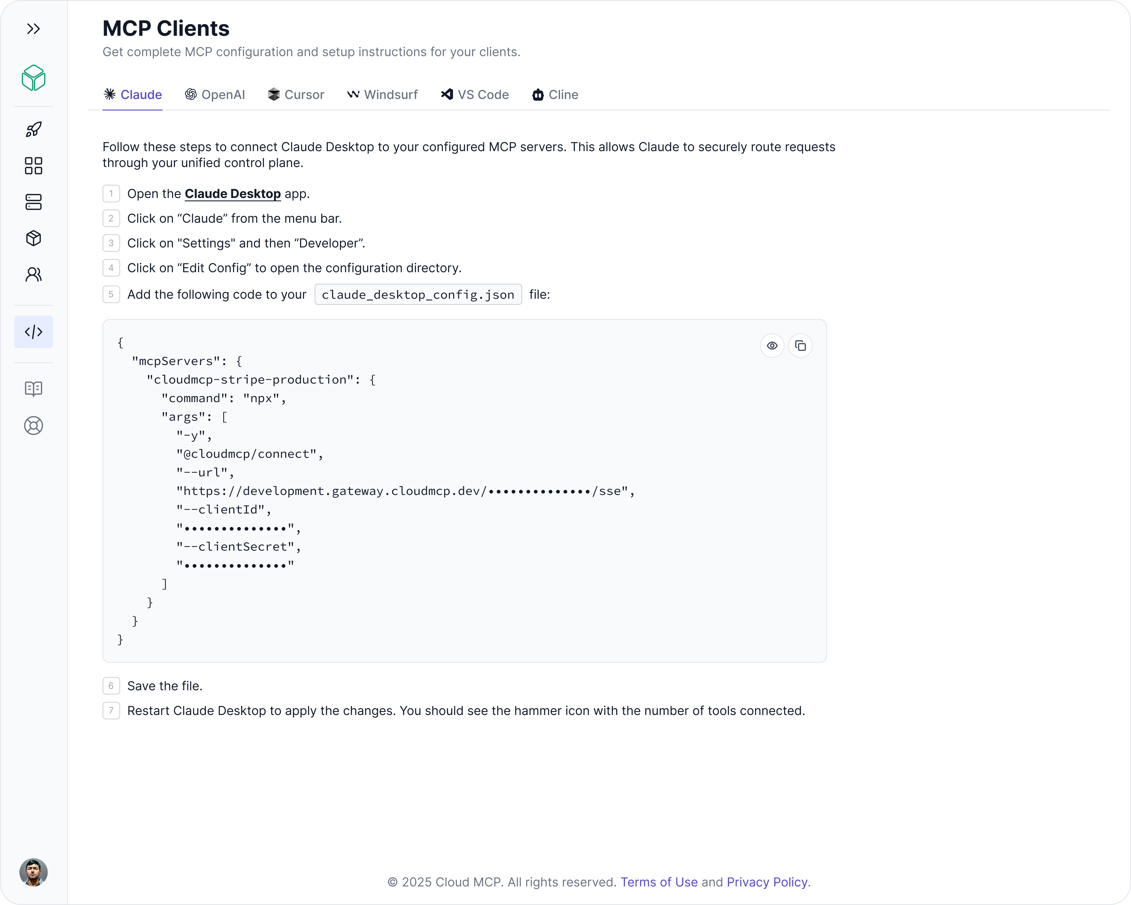 Cloud MCP Client Configs Interface